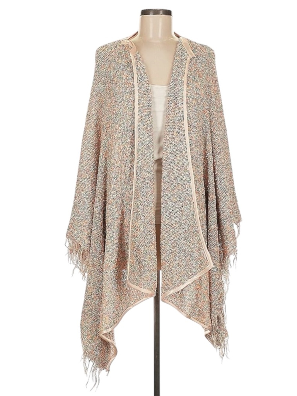 NWOT Shui Chen Pastel Silk Trim Multicolor Bouclé Fringe Ruana One Size Fits All